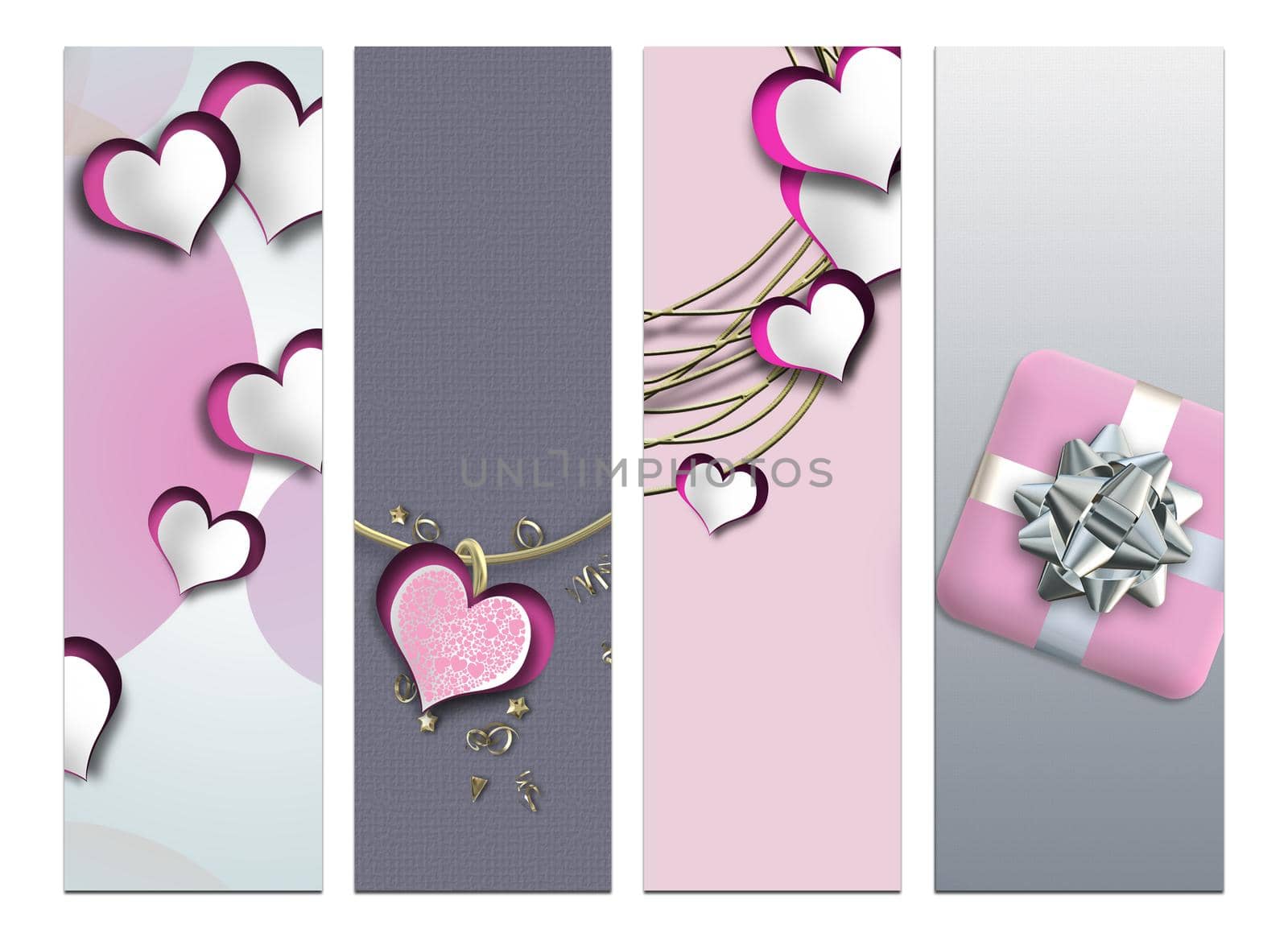 valentines day collage, hearts, pastel pink grey colours. Paper hearts, gift box, floral wreath on pastel background. 3d illustration