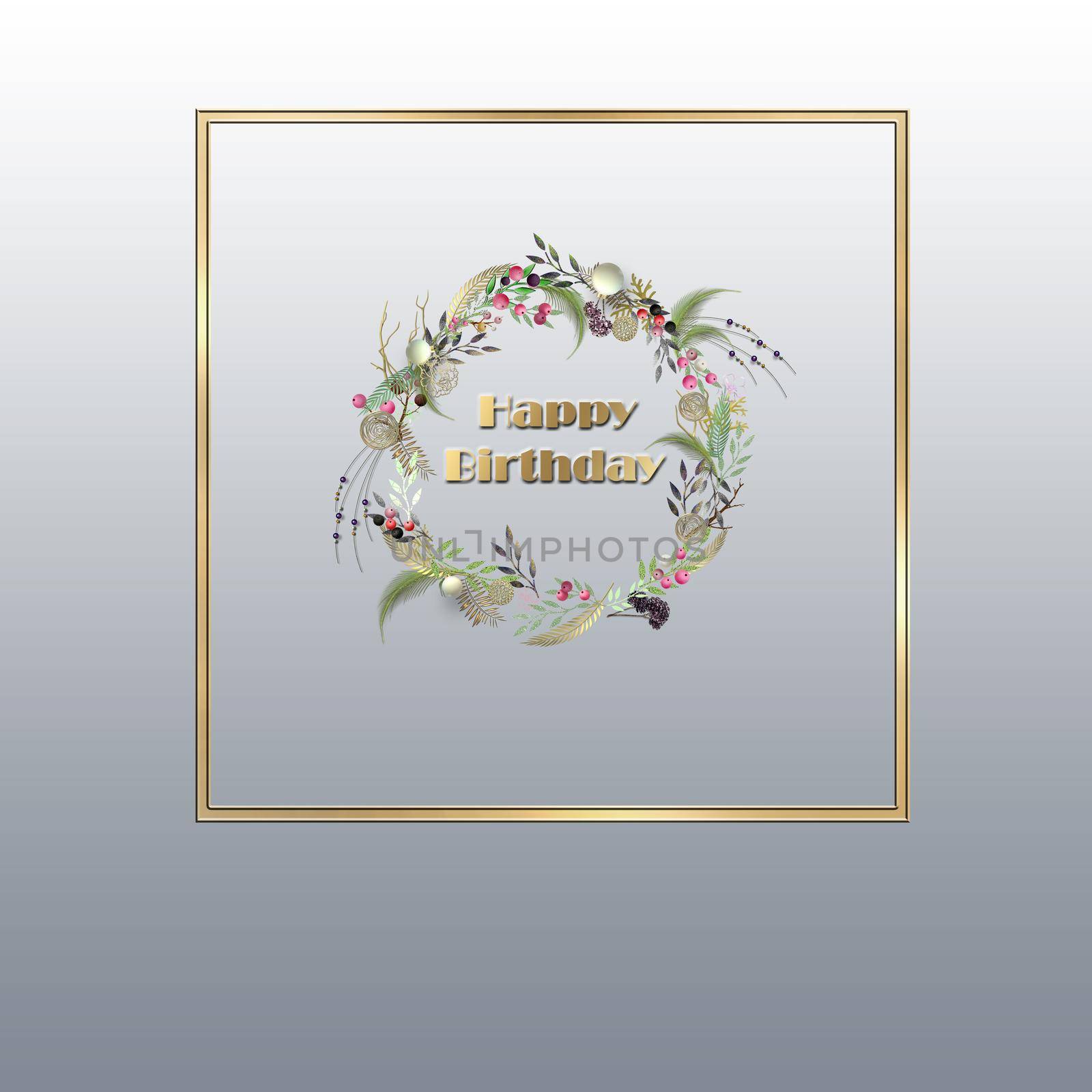 Gold floral wreath for birthday, wedding invitation , valentines card. Gold text Happy Birthday 3D render