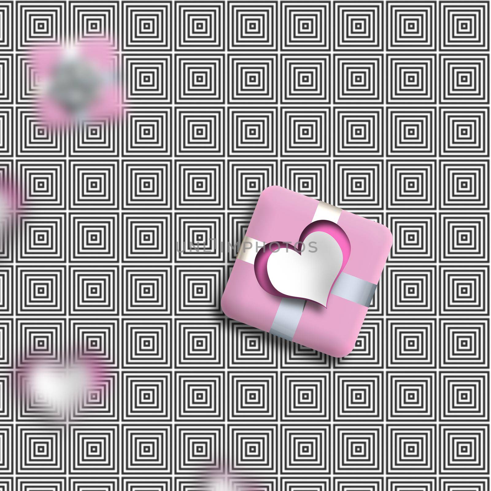 Contemporary Valentines card with pink heart, gift box on grey abstract background. 3D illustration