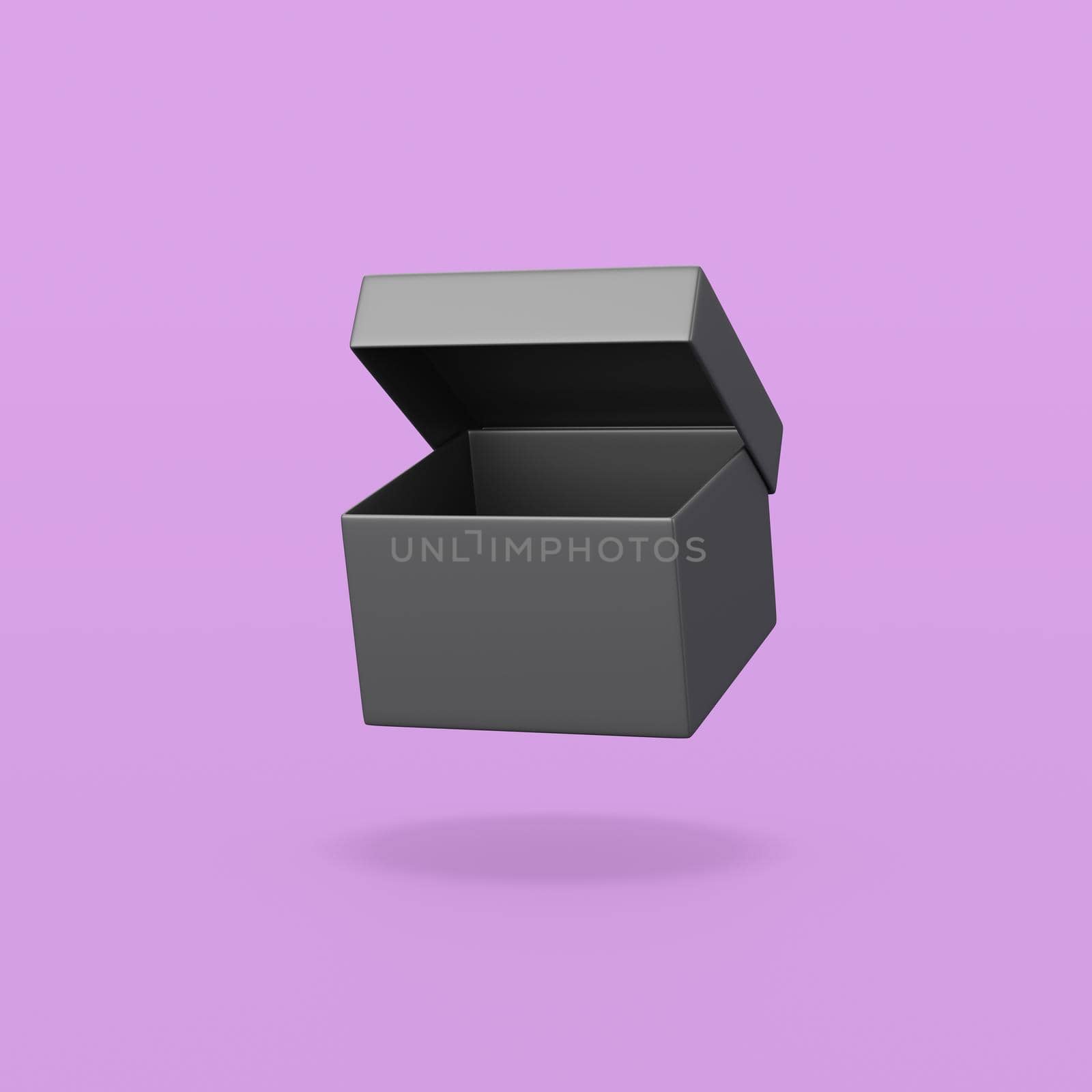 Simple Open Black Box with Cover on Flat Purple Background with Shadow 3D Illustration