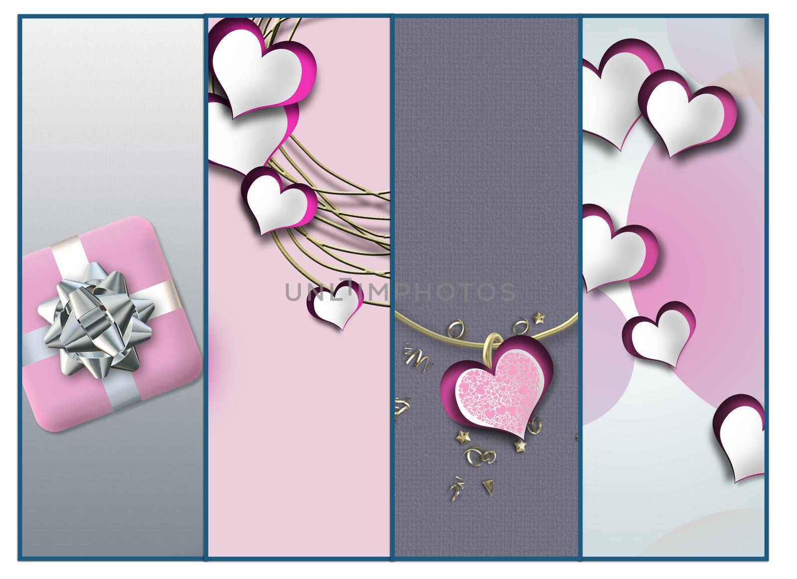 valentines day pastel collage, hearts. Elegant set of cards with hearts. Valentines template, border, mock up. place for text. 3d illustration