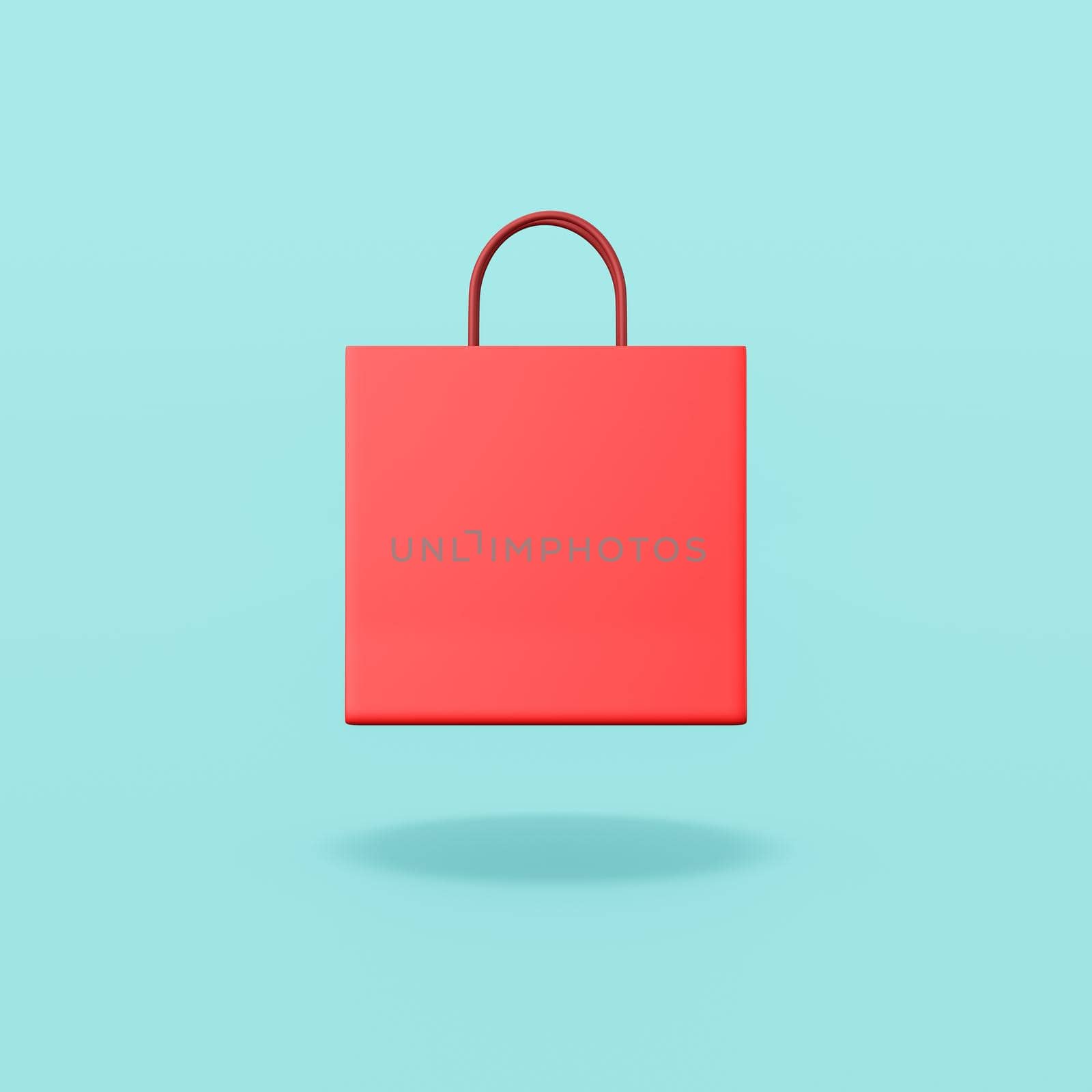 One Red Shopping Bag on Flat Blue Background with Shadow 3D Illustration