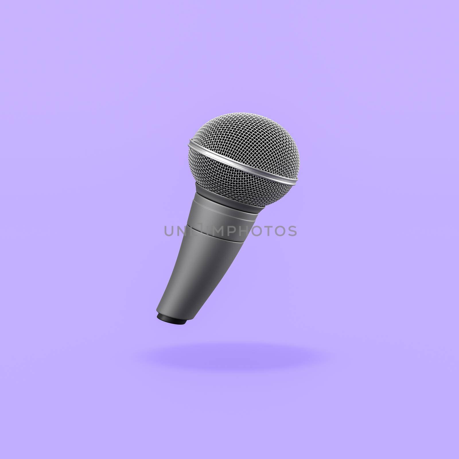 Funny Metallic Microphone on Flat Purple Background with Shadow 3D Illustration