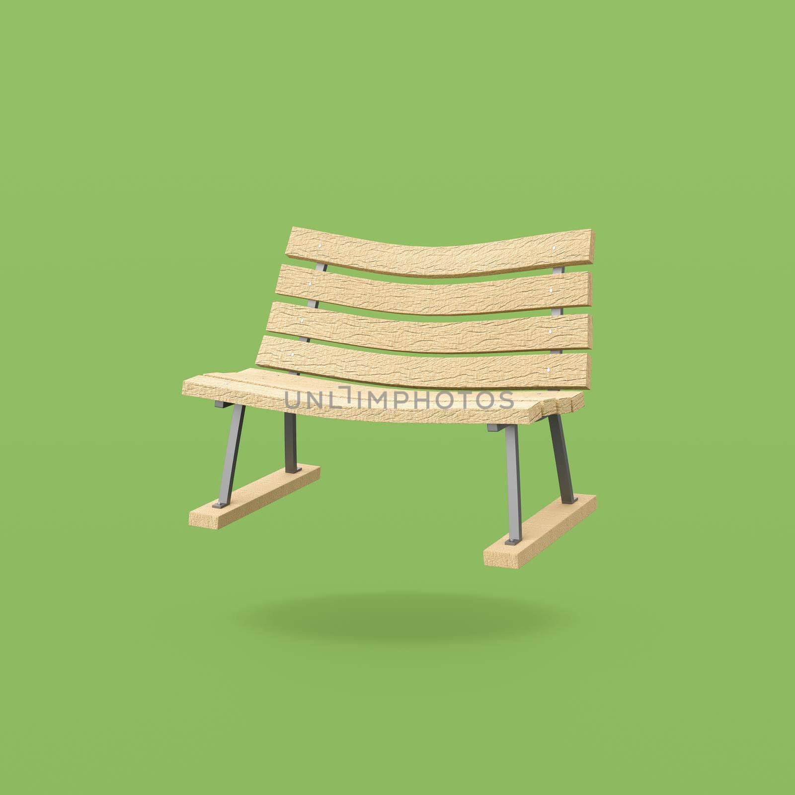 Funny Wooden Bench on Flat Green Background with Shadow 3D Illustration