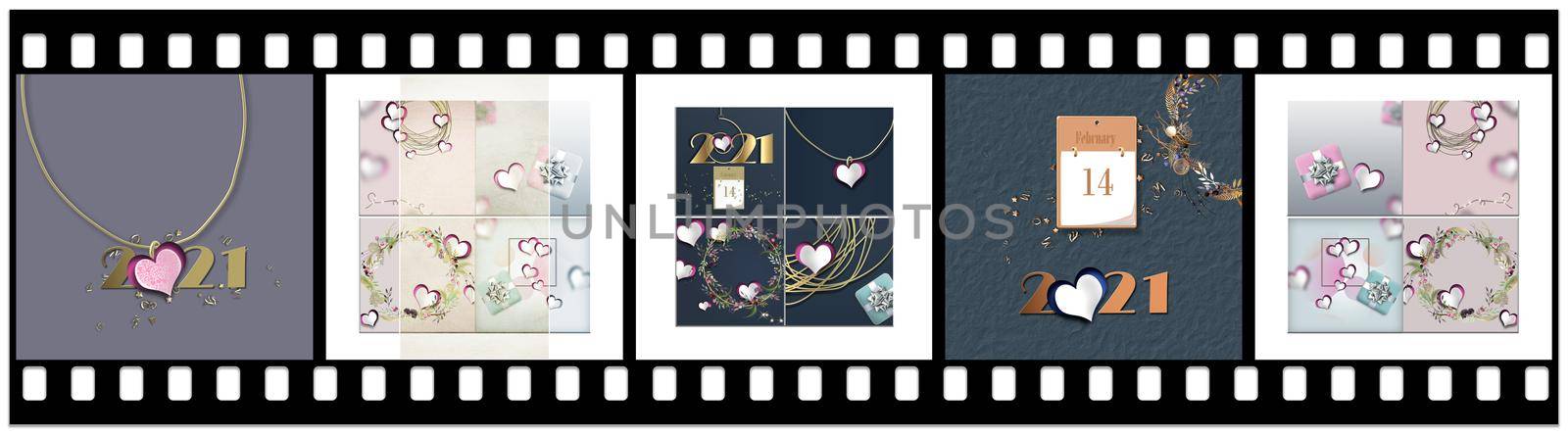 Valentines love collage in filmstrip effect. Valentines 2021 card, heart, floral wreath, 2021 in pastel colours. Beautiful love design. 3D illustration