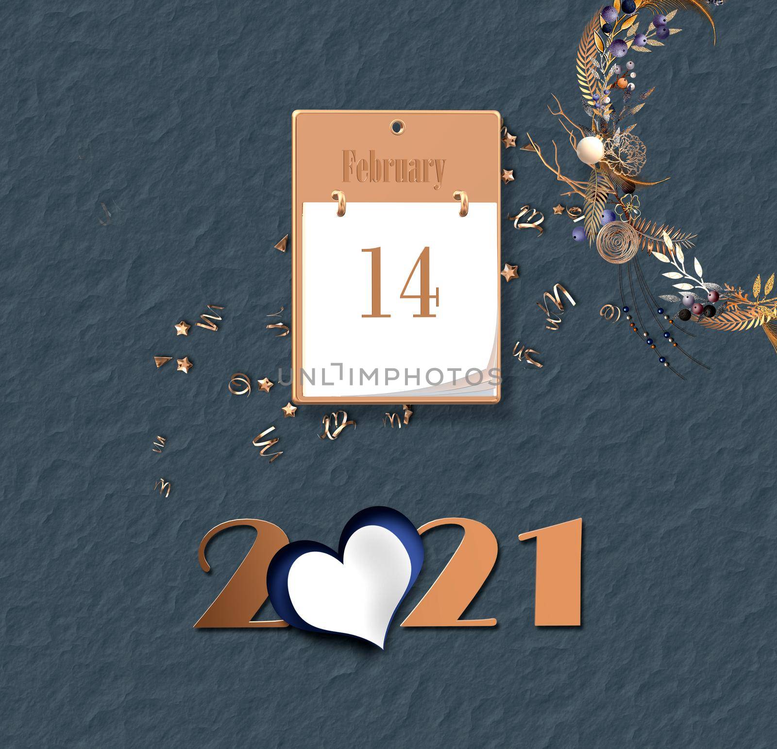 Vintage Valentines 2021 card, calendar 14th February, digit 2021, floral wreath on paper background. Funky design. 3D illustration