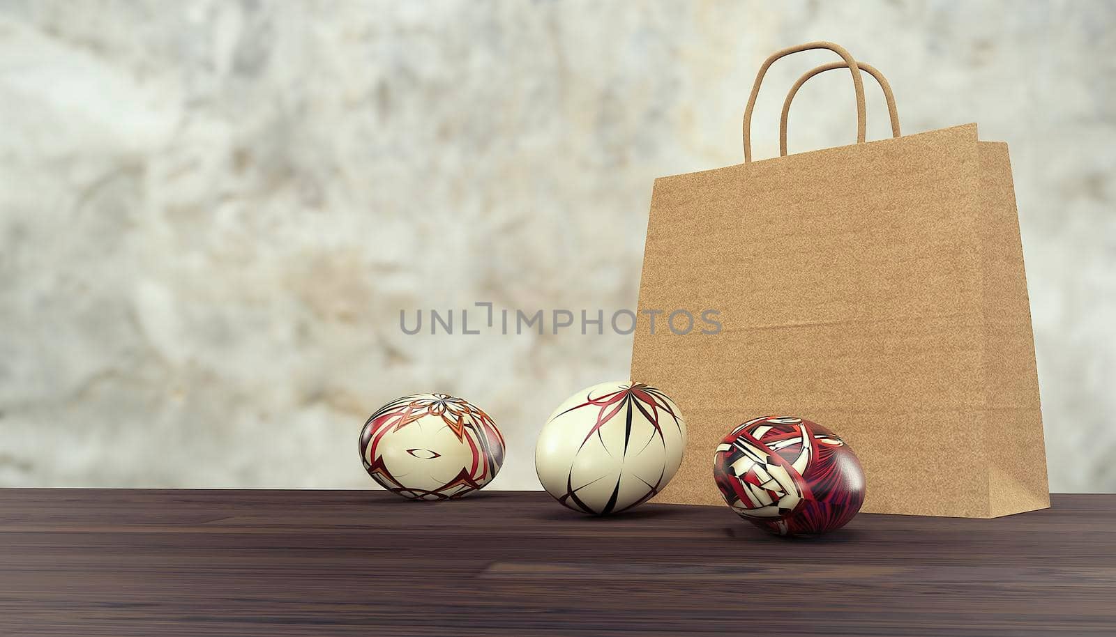Background with a paper bag and colored eggs on the table.3d image
