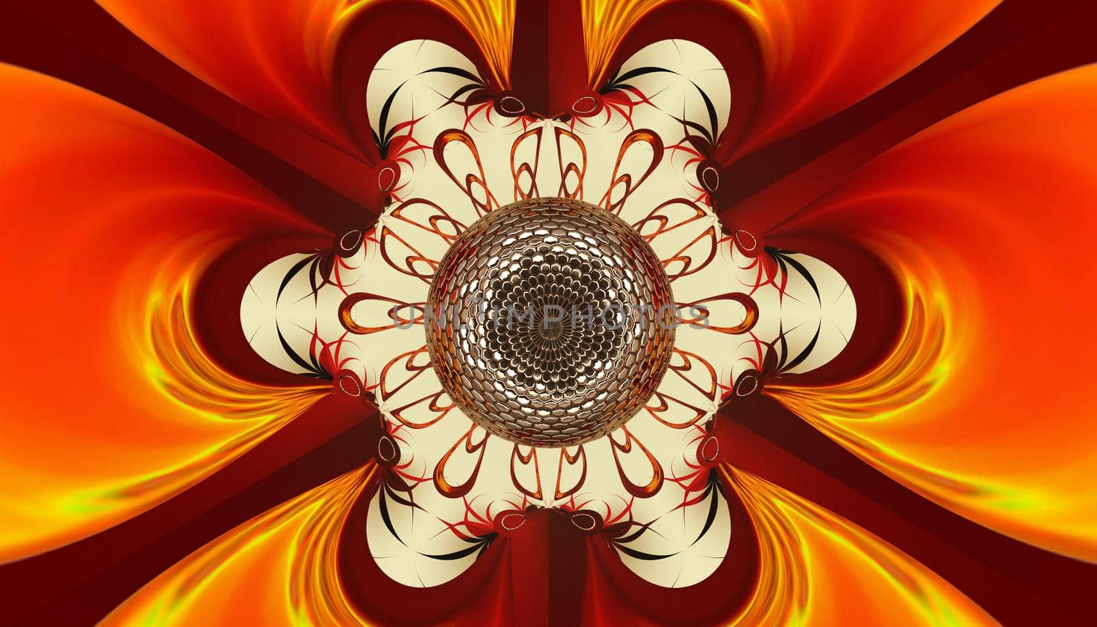 Abstract red and yellow background with golden sphere. 3d