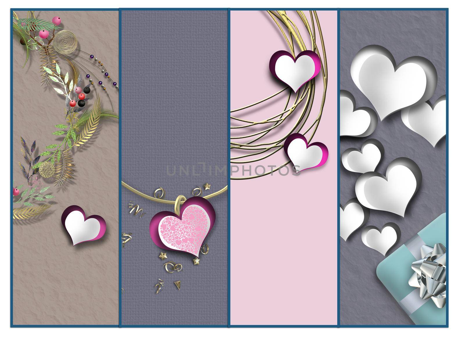 valentines day collage, hearts. Elegant set of cards with hearts. Valentines template, border, mock up. place for text. 3d illustration