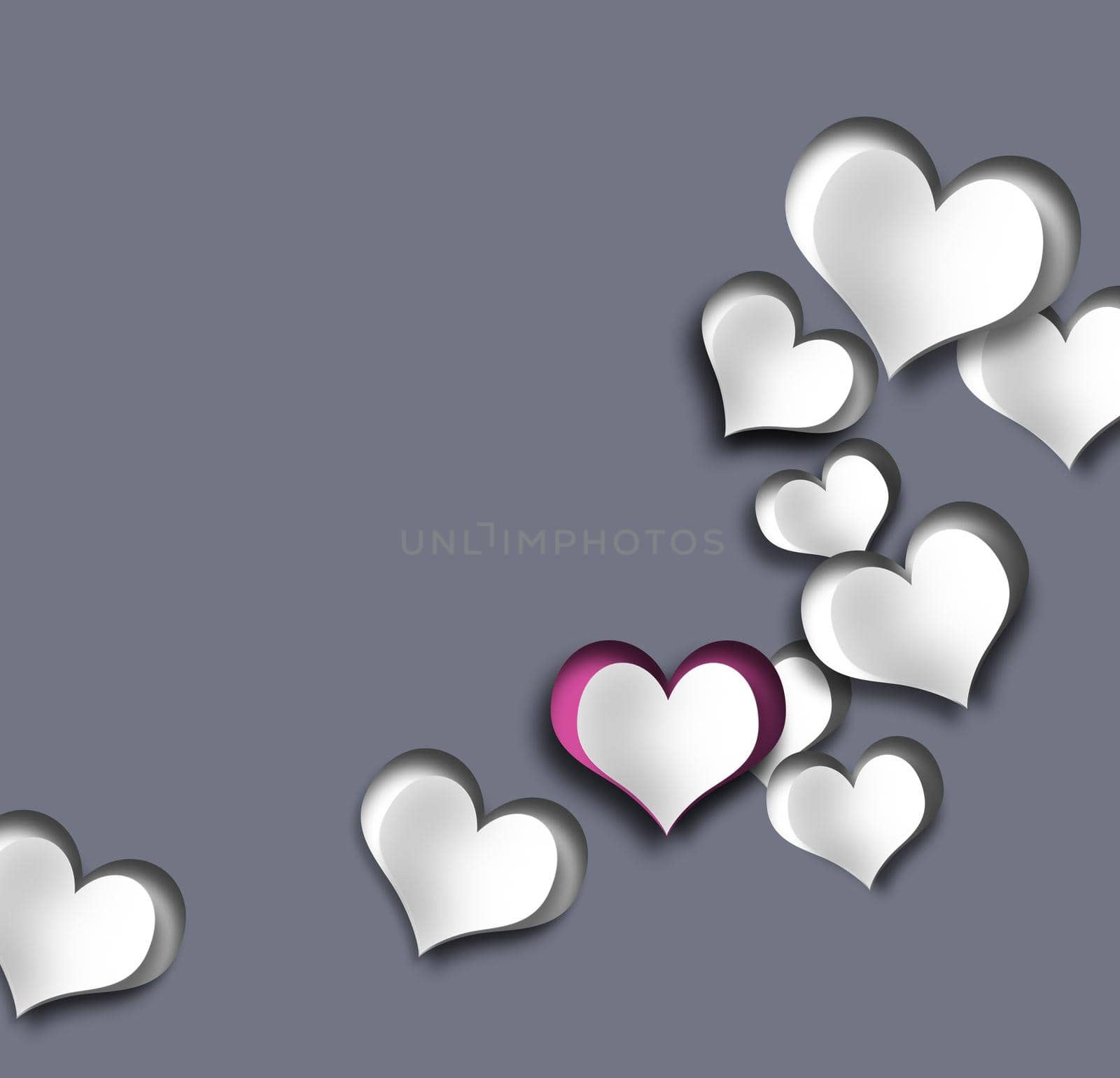 Elegant modern unusual love card, paper hearts, on grey pastel background. 3D illustration. Romantic template for wedding, invitation, Valentine's card
