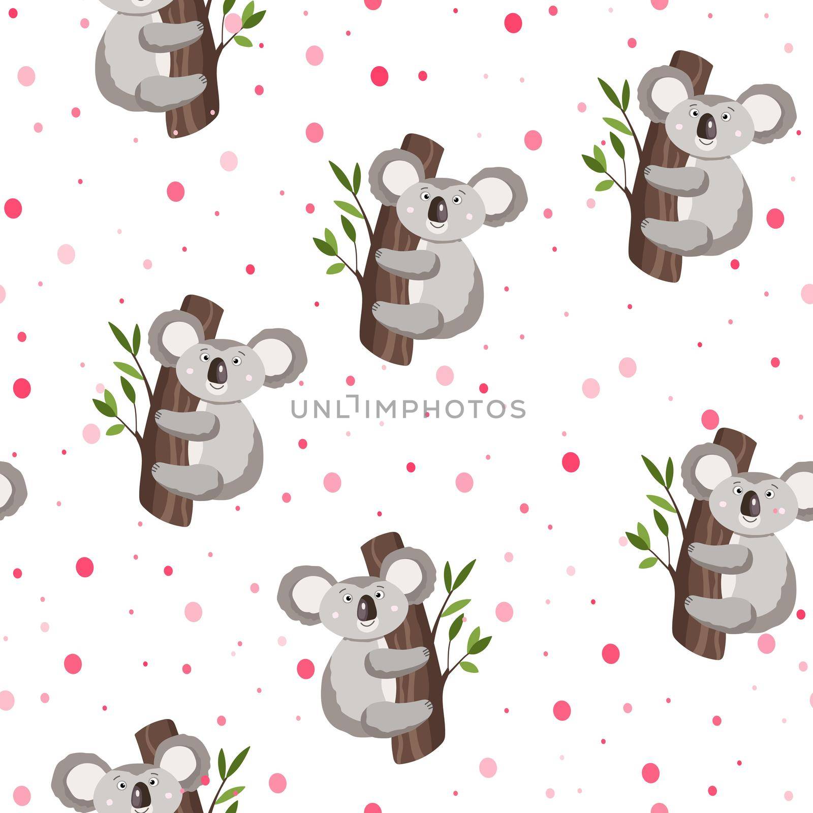 Seamless pattern with cute koala baby and hearts on white polka dots background. Funny australian animals. Card, postcards for kids. Flat vector illustration for fabric, textile, wallpaper, poster.