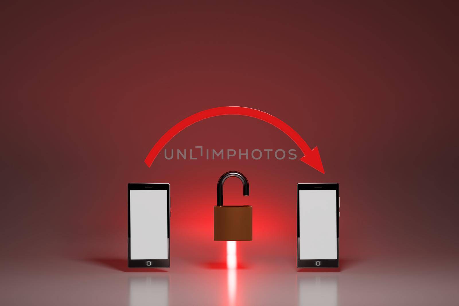 Vulnerable, unencrypted connection between mobile devices, concept. Two smartphones with red arrow and open padlock. Digital render.