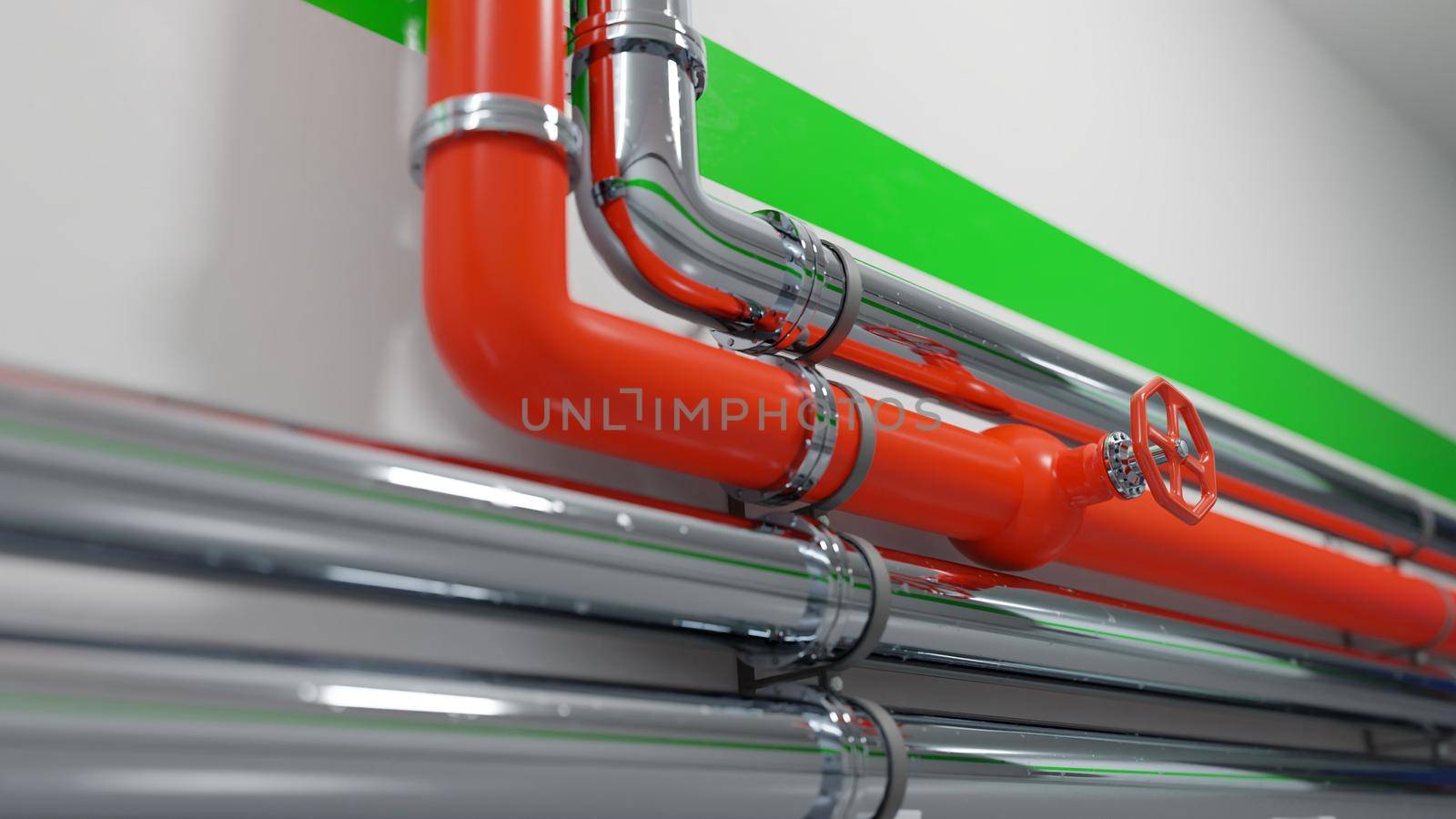 Red and metallic pipelines across a white wall with green accent line. Clean, modern industrial background. Digital render. by hernan_hyper