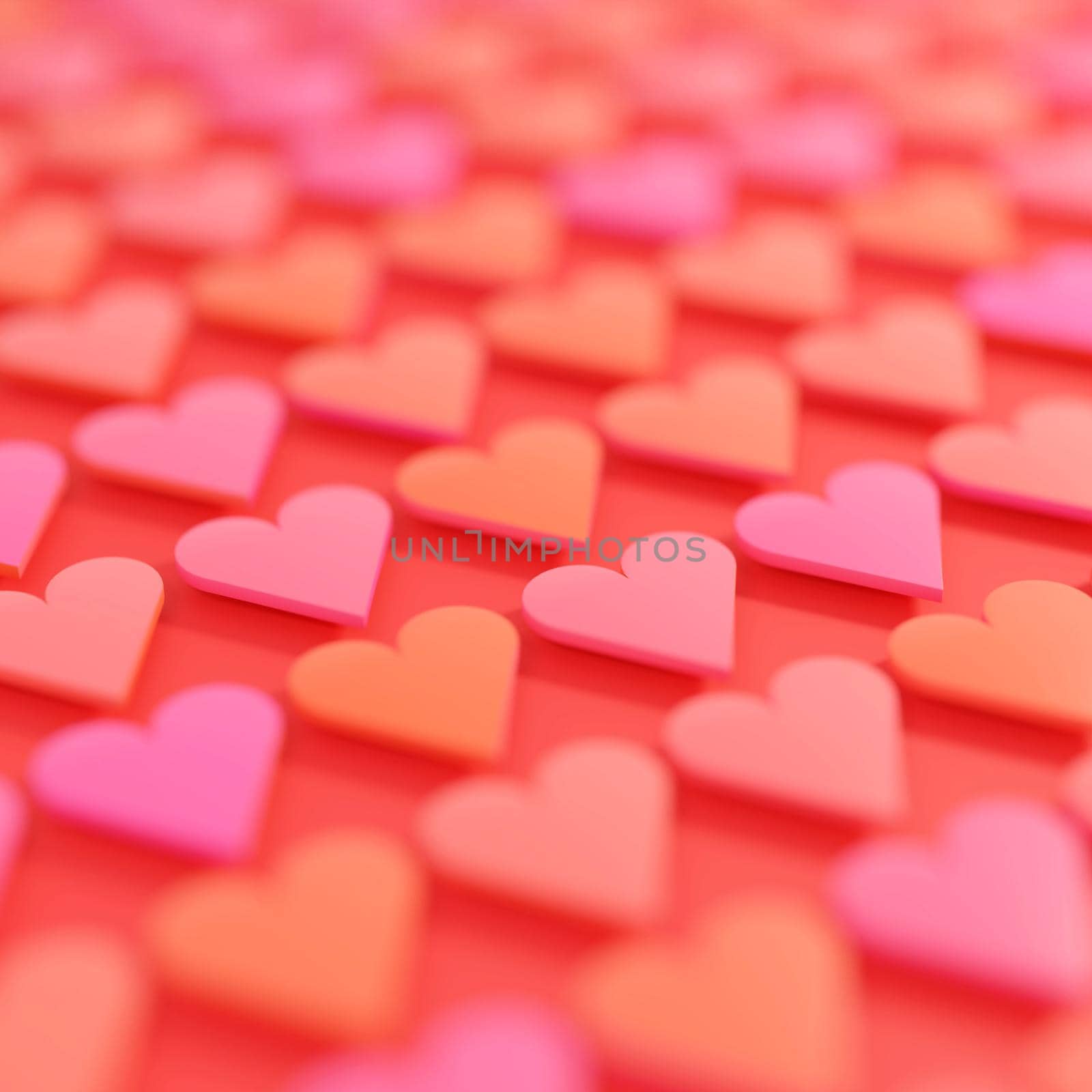 Red and pink hearts in a repeating pattern on red  background with subtle shadows. Digital render.
