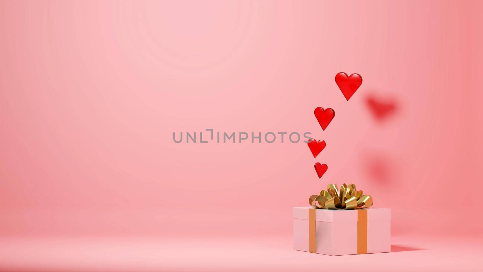 Valentine's day, anniversary concept background with large negative space. Fancy gift box with floating hearts. Digital render. by hernan_hyper