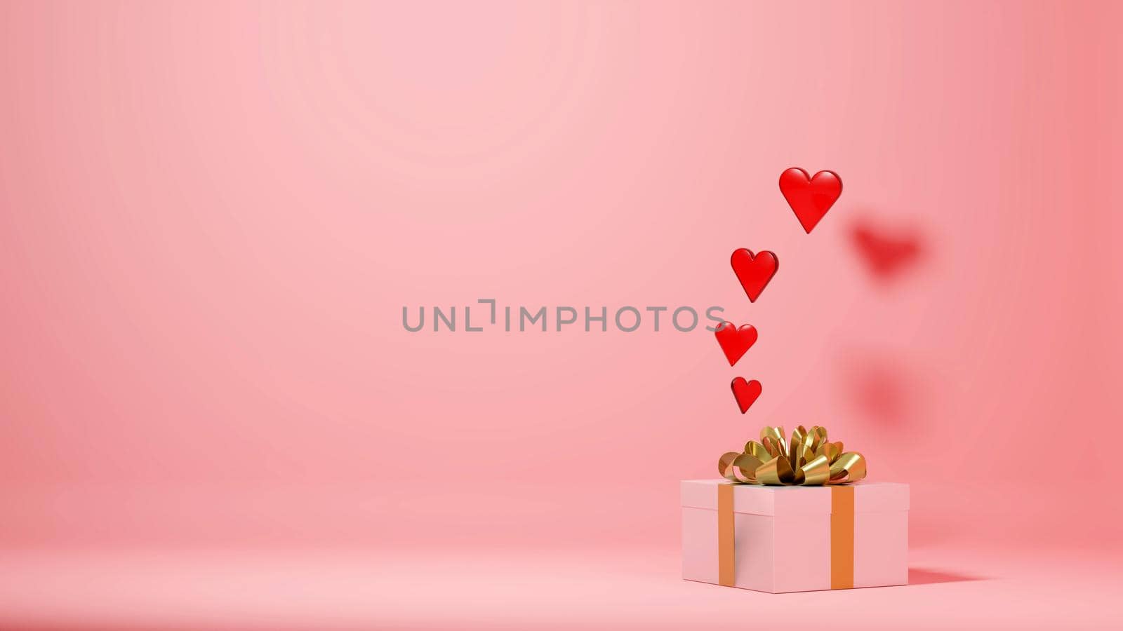 Valentine's day, anniversary concept background with large negative space. Fancy gift box with floating hearts. Digital render.