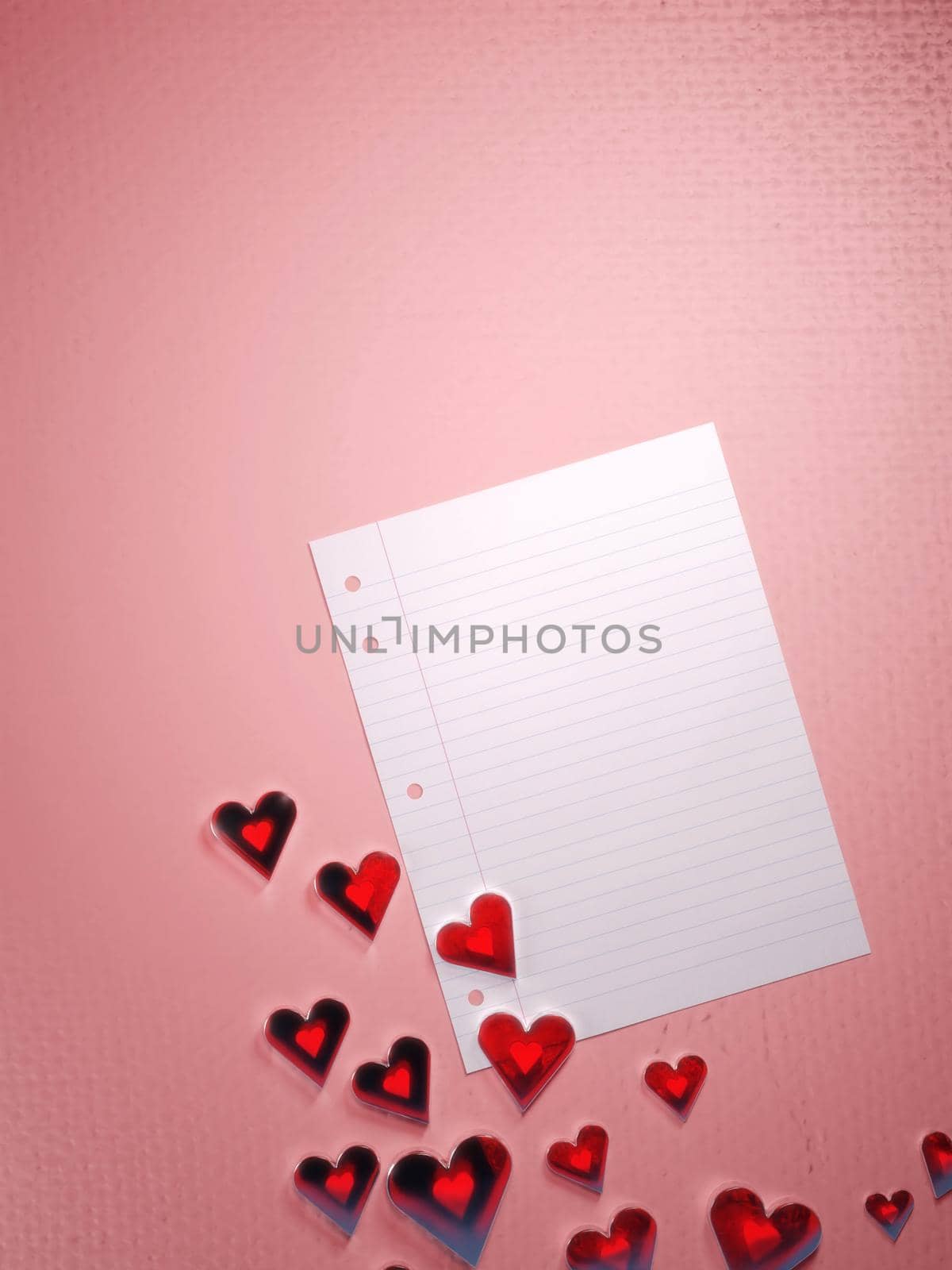 Valentine's day, love letter template background. Translucent shiny red hearts and an blank paper sheet. Digital render. by hernan_hyper