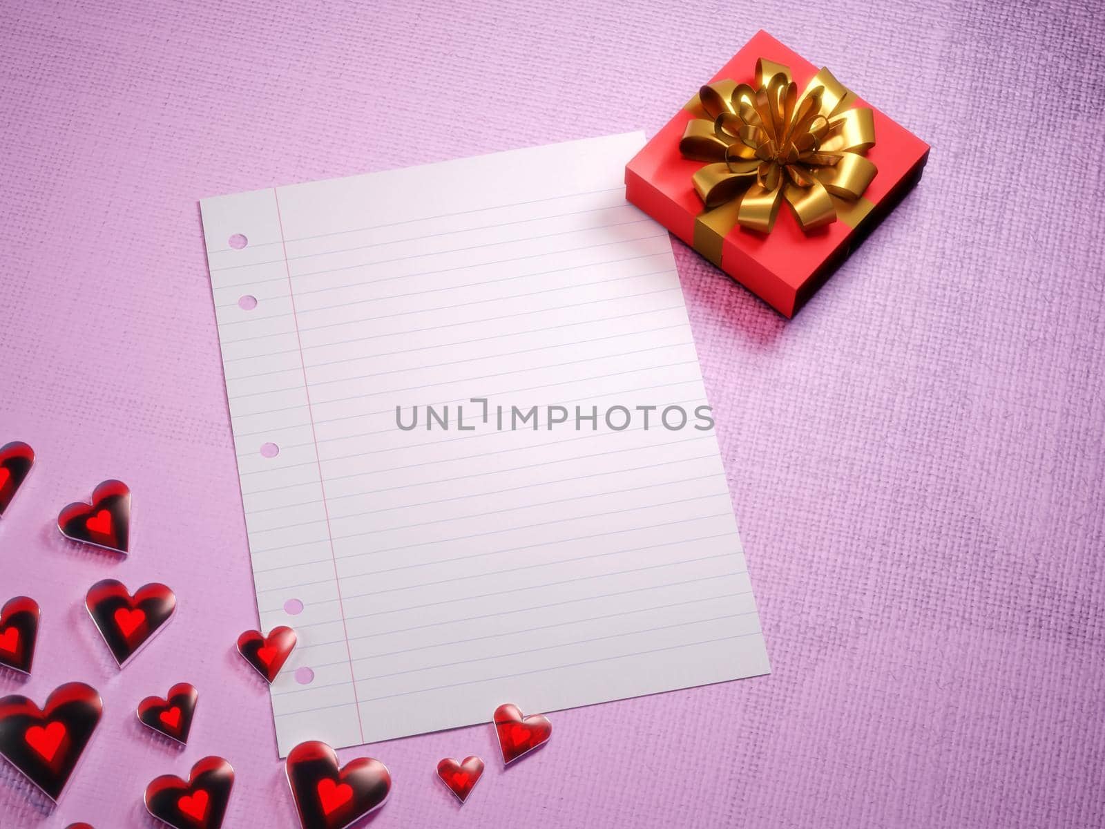 Valentine's day gift, love letter template background. Shiny red hearts, fancy gift box and an blank paper sheet. Digital render.