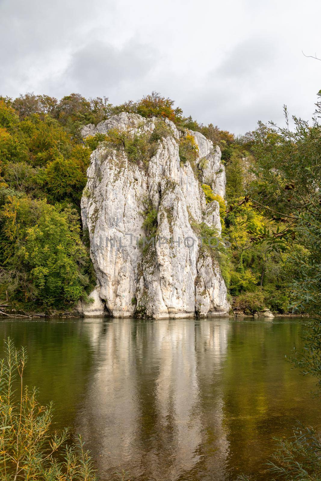 Danube river at Danube breakthrough near Kelheim, Bavaria, Germany in autumn with limestone rock formations and plants with colorful leaves