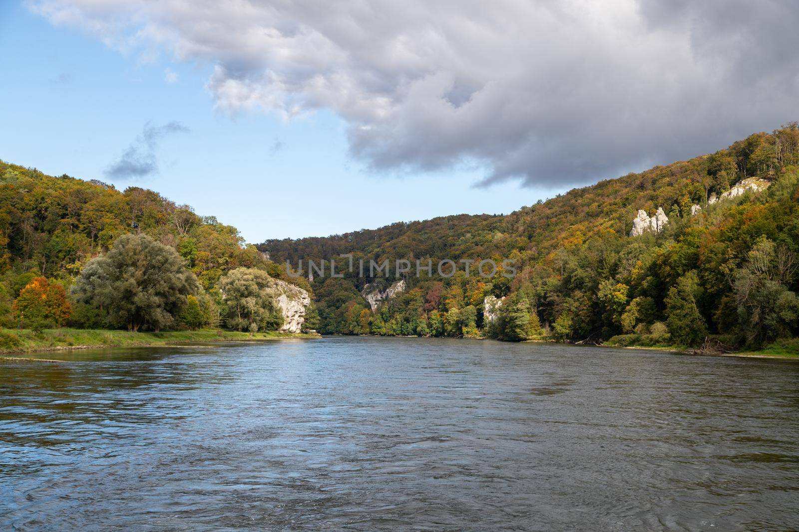 Nature reserve at Danube river breakthrough near Kelheim, Bavaria, Germany in autumn with limestone rock formations and plants with colorful leaves, autumnal impressions