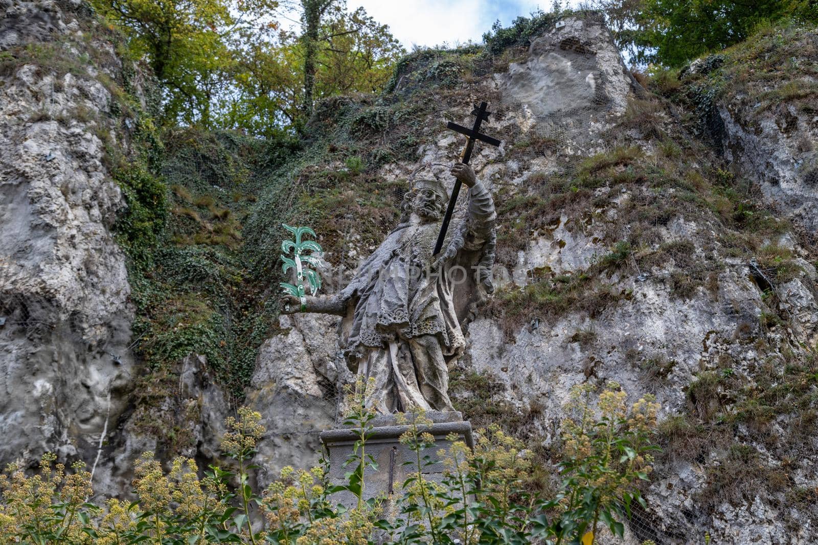 Nepomuk statue at Weltenburg abbey, monastery near Kelheim, Bavaria, Germany at Danube river breakthrough