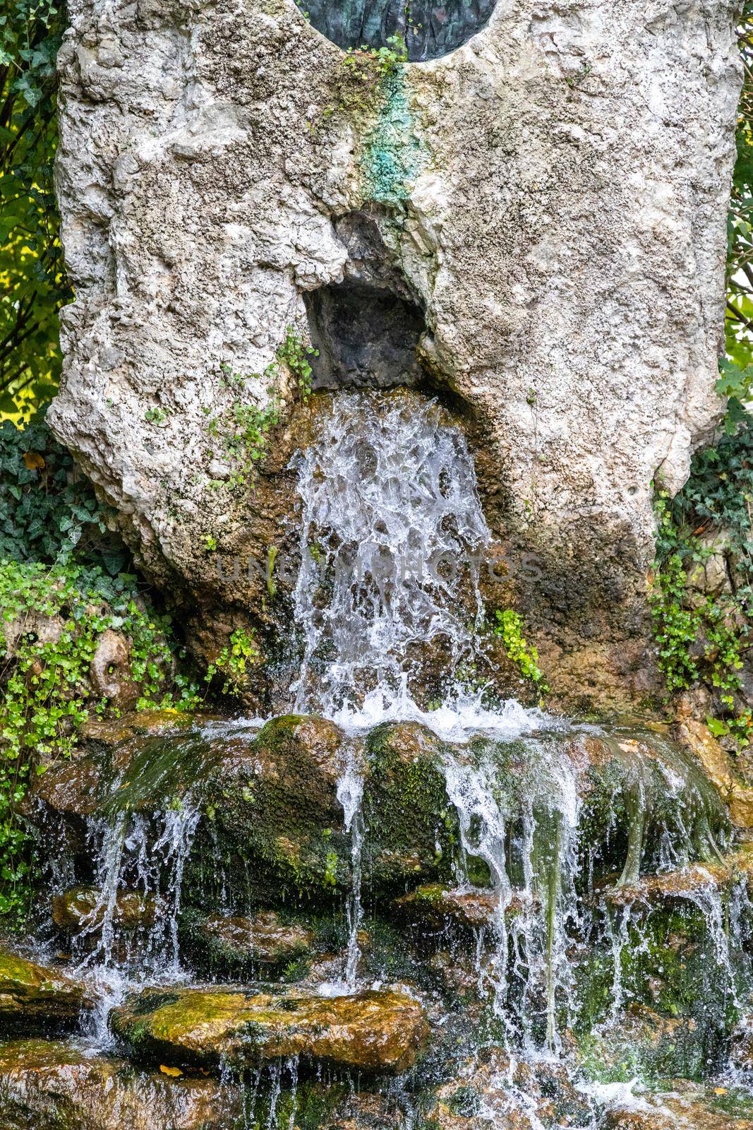 Fountain with splashing water at Danube Gate (Donautor) in the city Kelheim, Bavaria, Germany