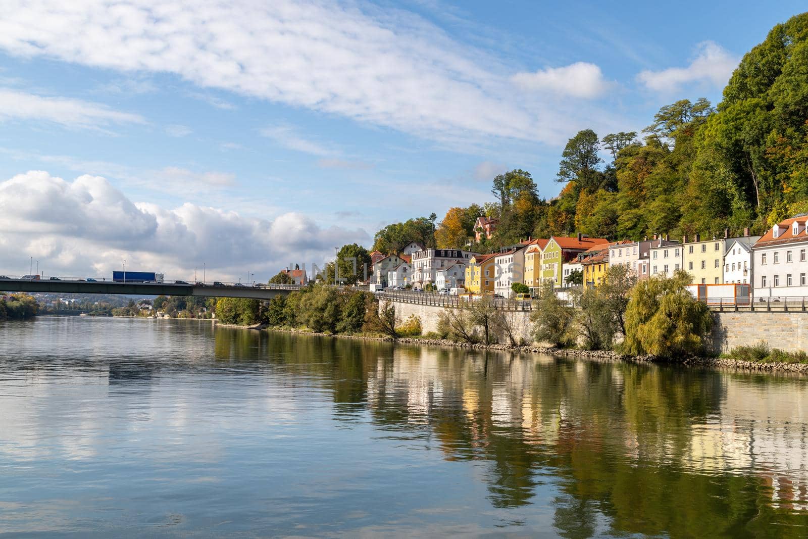 View at a house front on the Danube river in Passau, Bavaria, Germany by reinerc