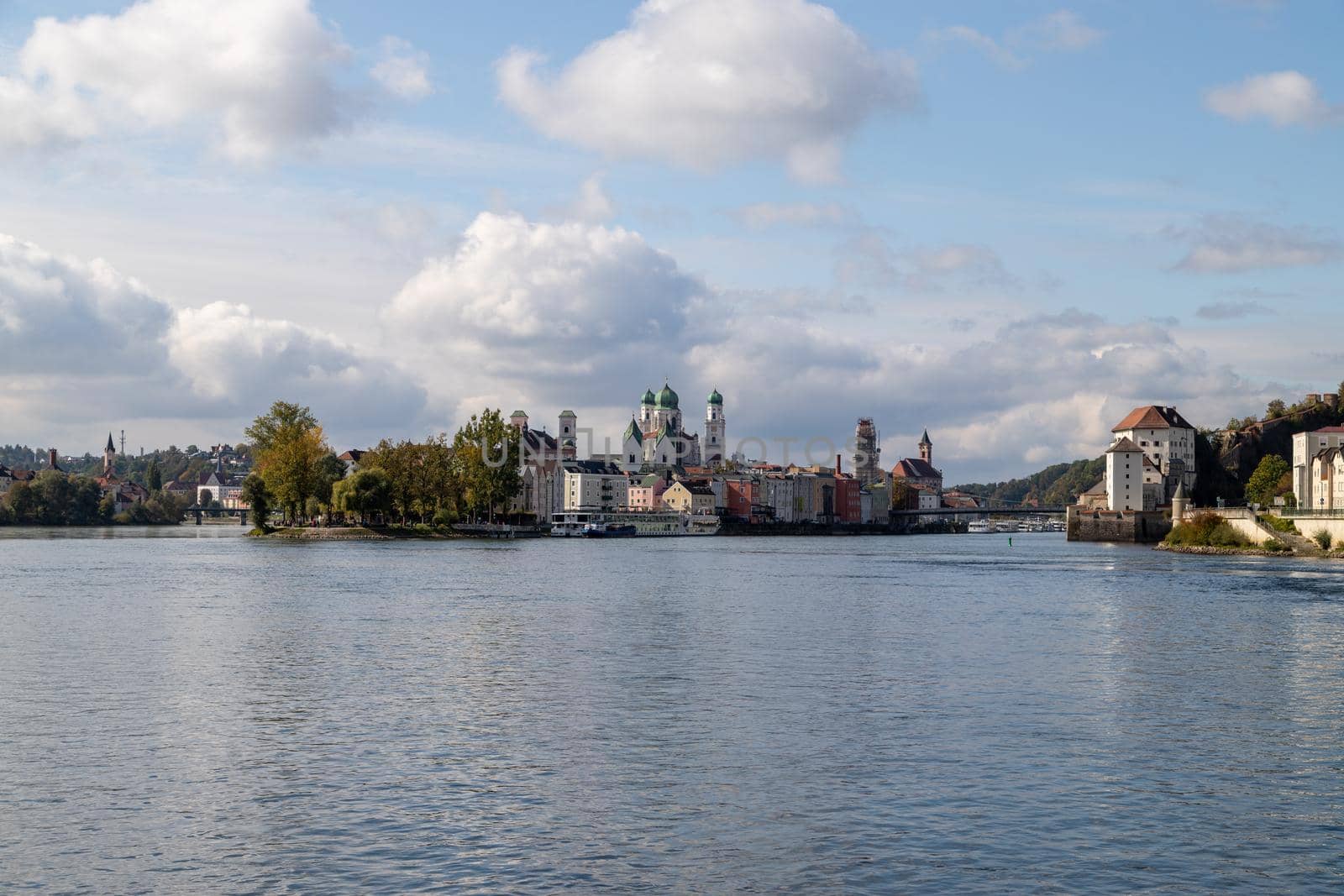 View at Danube, Inn and Ilz rivers and the silhouette of  Passau during a ship excursion i