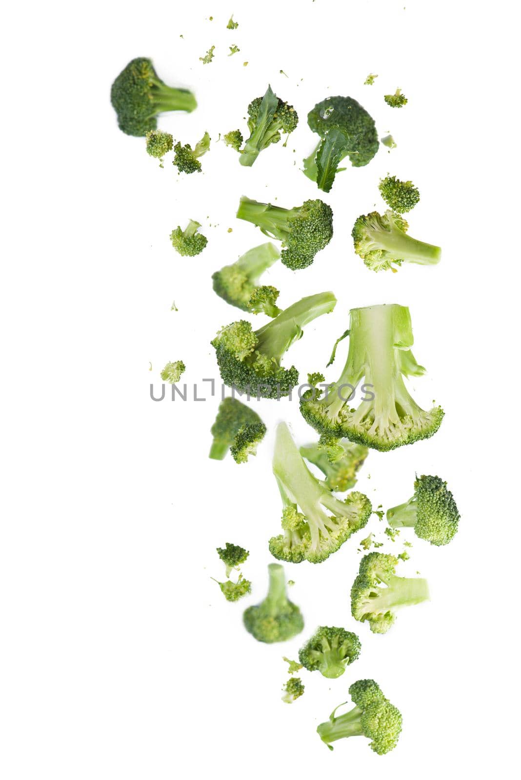 Broccoli pattern isolated on a white background. Various multiple parts of broccoli flower. Top view.