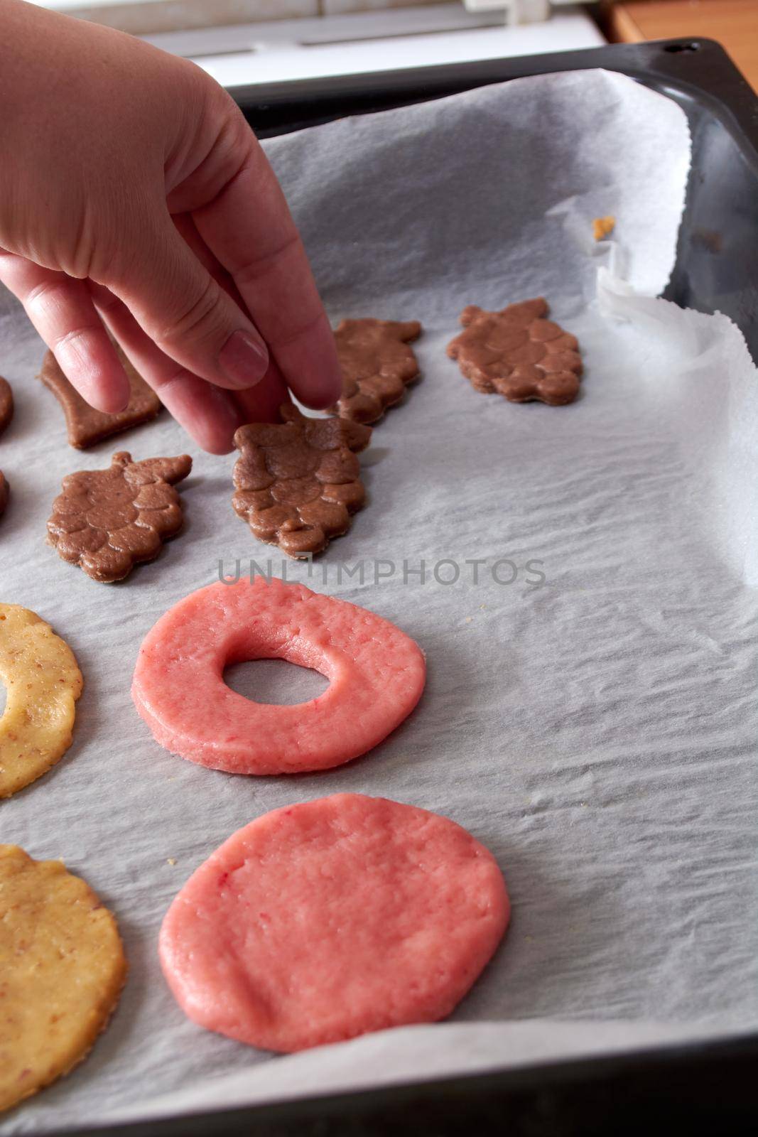 Cutting cookies from the dough and preparing for bake in the electrical stowe