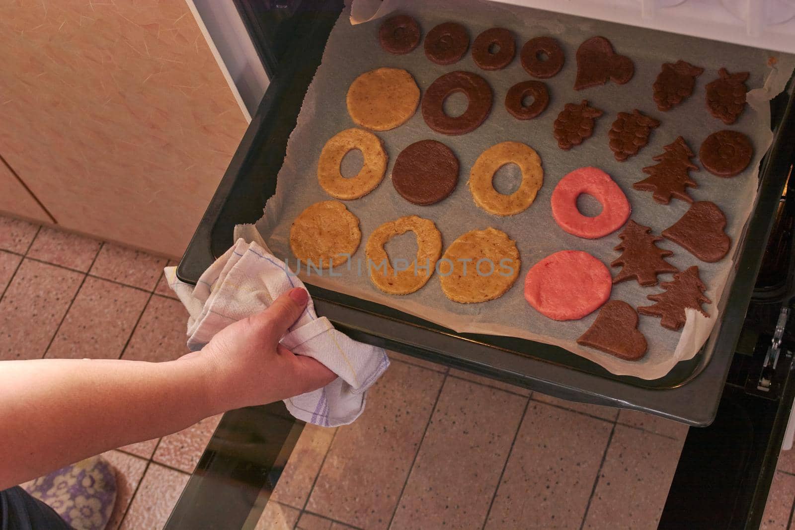 Cutting cookies from the dough and preparing for bake in the electrical stowe