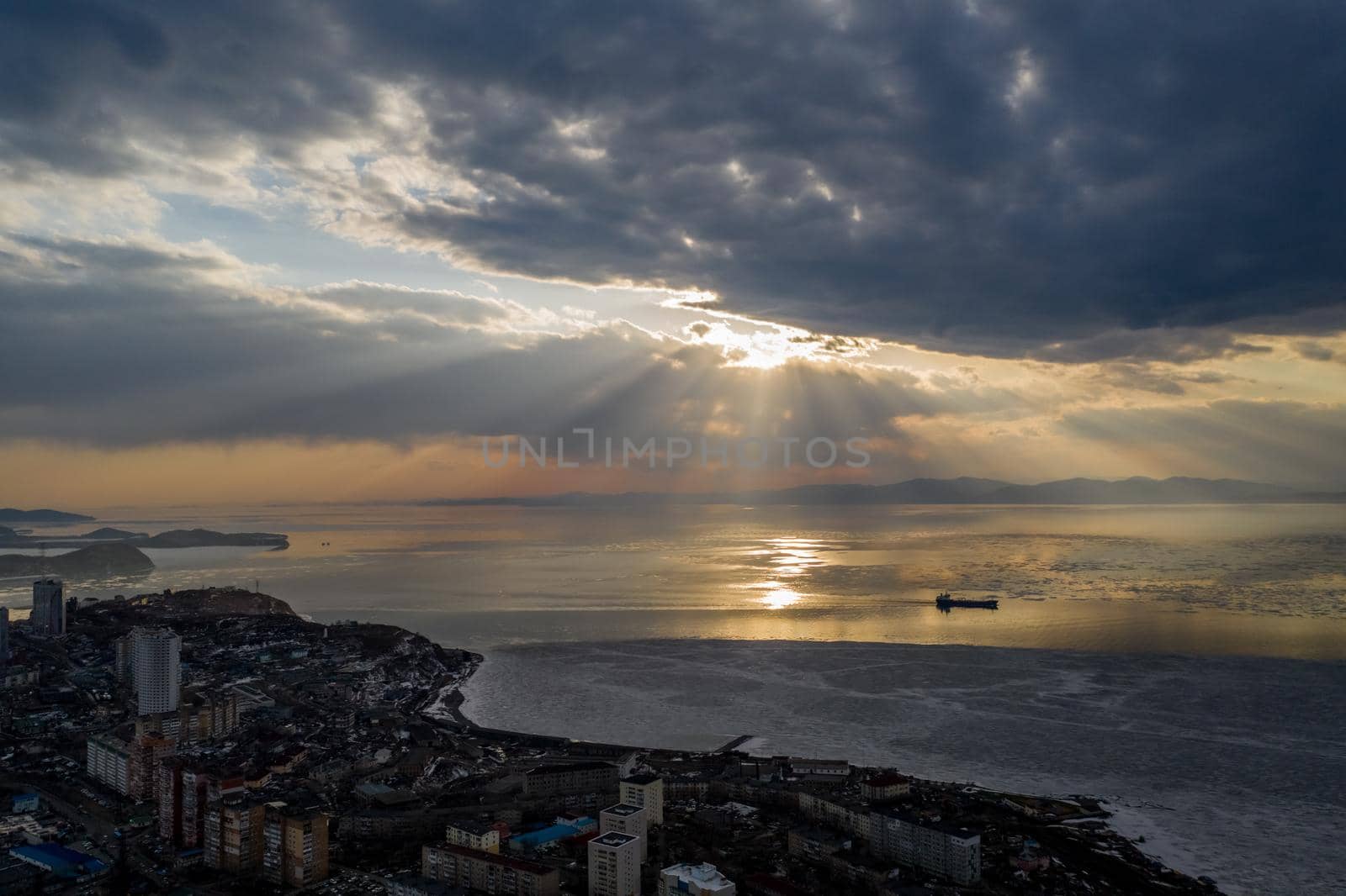 Aerial view of the Gulf of Amur. Vladivostok, Russia.