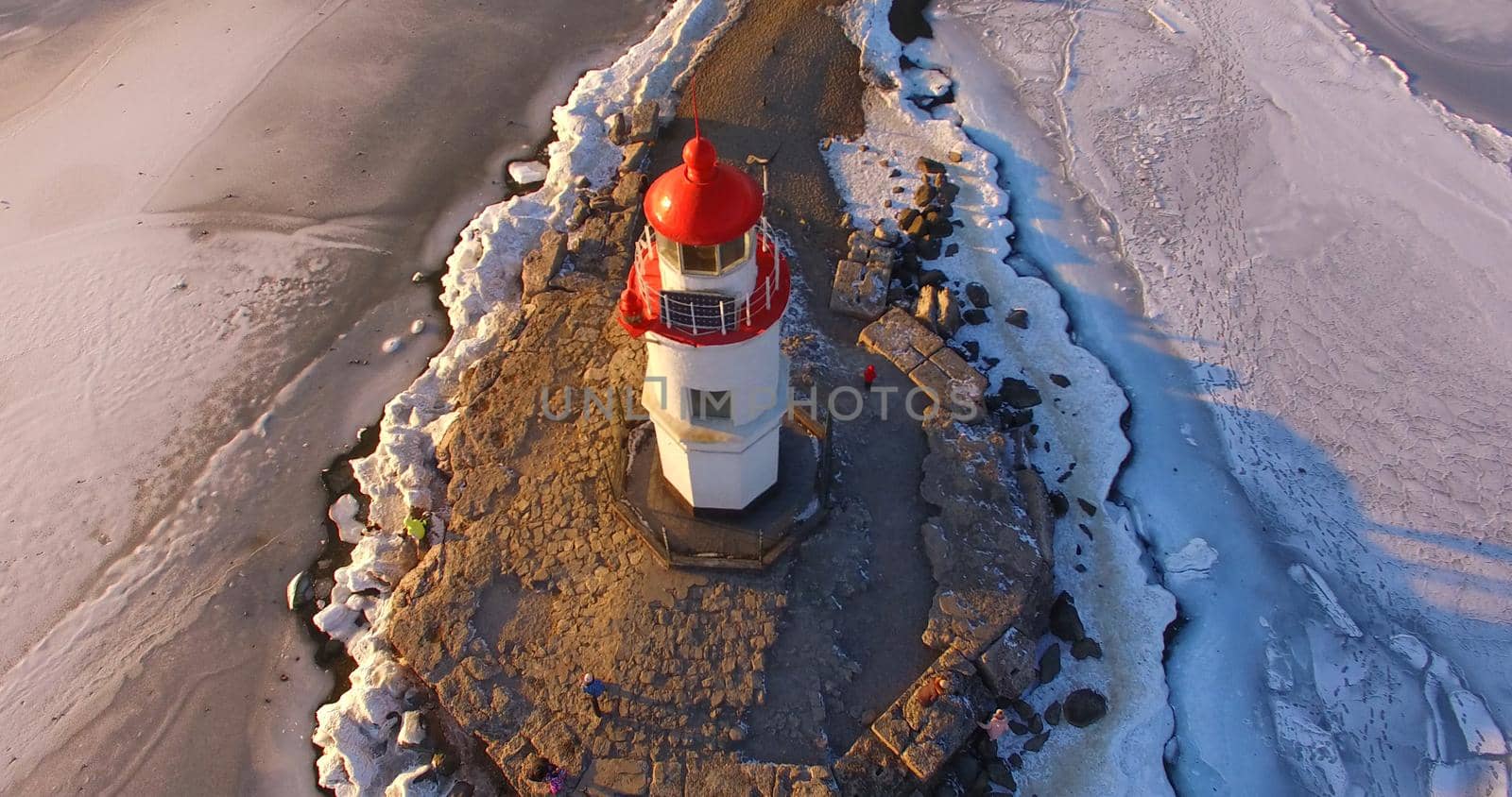 Aerial survey of marine landscape with views of the Tokarevsky lighthouse. Vladivostok, Primorsky Krai.