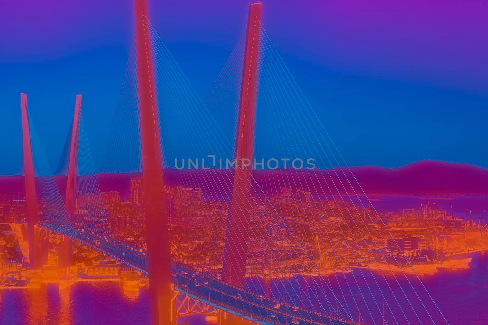 Vladivostok, Russia. Abstract cityscape landscape with Golden bridge view.