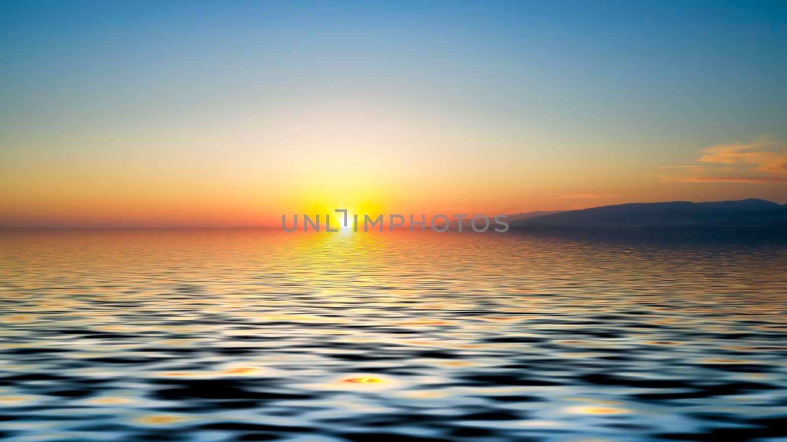 The view from the height over the sea with colorful sunset .