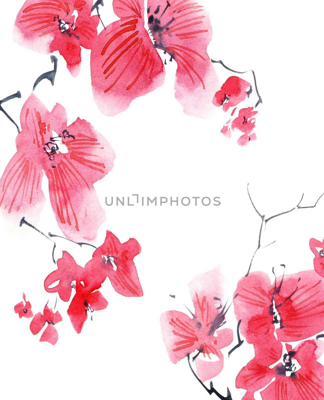 Watercolor and ink illustration of sakura tree branch. Oriental traditional painting in style sumi-e, u-sin and gohua. Background design for greeting card, invitation or cover.
