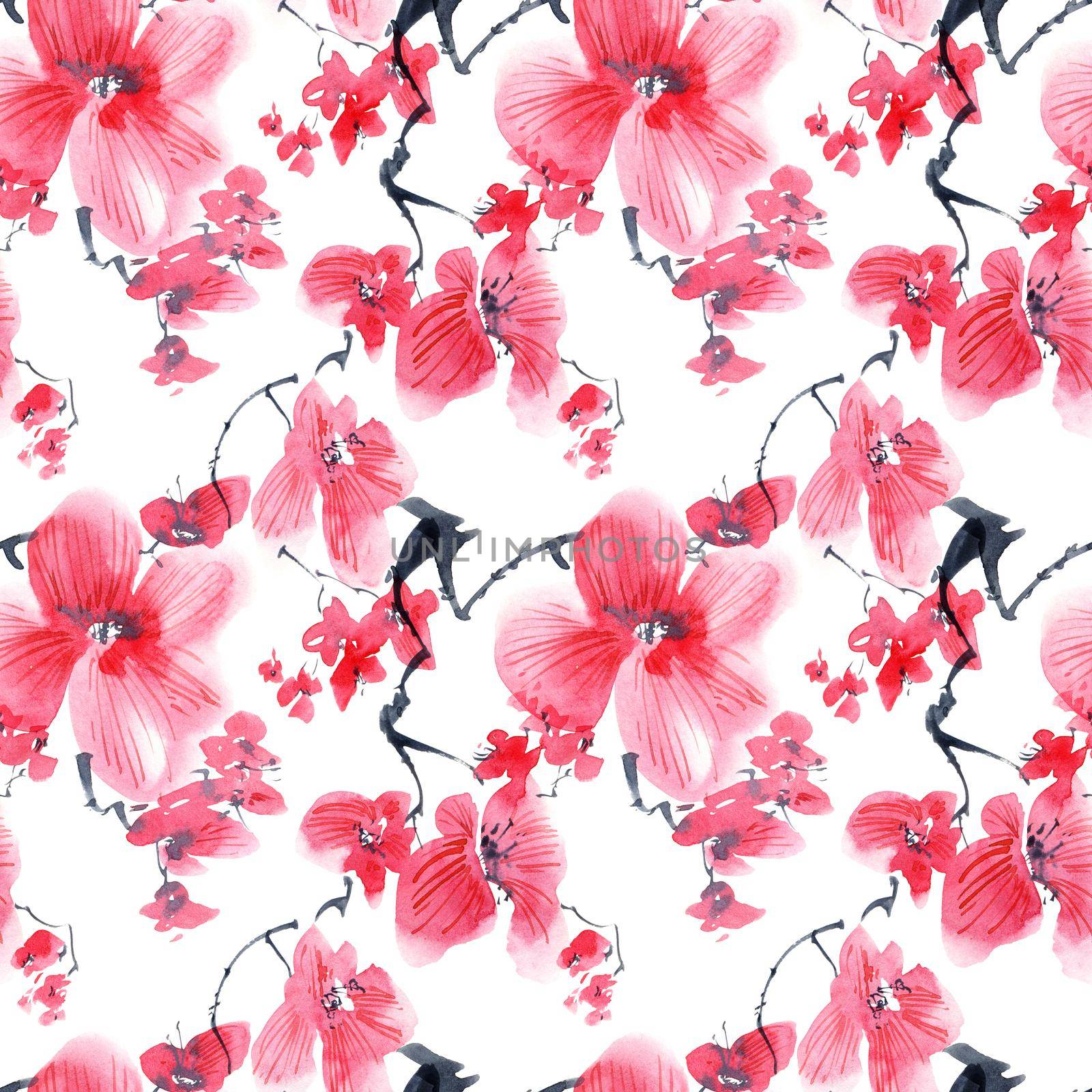 Watercolor and ink illustration of sakura tree branch. Oriental traditional painting in style sumi-e, u-sin and gohua. Seamless pattern design.