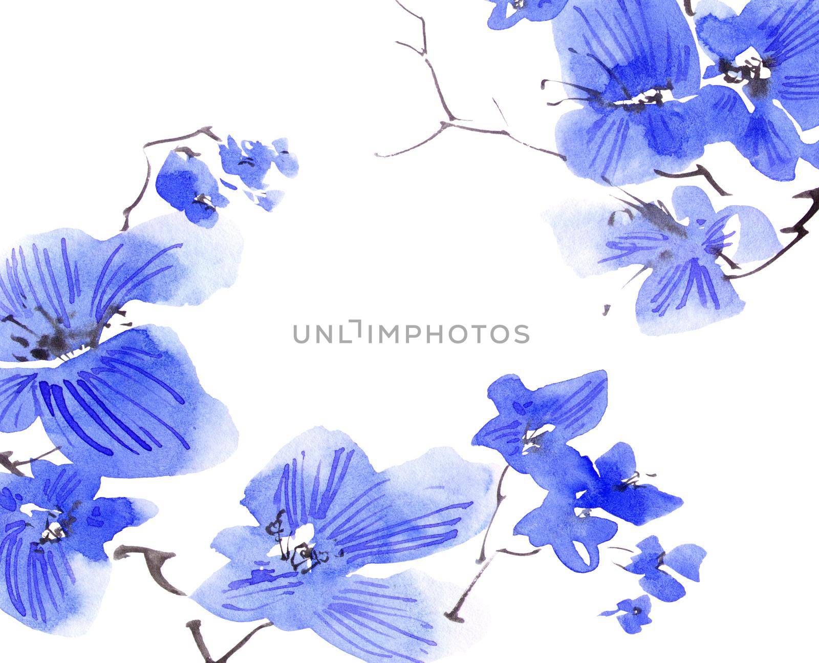 Watercolor and ink illustration of blossom tree branch with blue flowers. Oriental traditional painting in style sumi-e, u-sin and gohua. Background design for greeting card, invitation or cover.