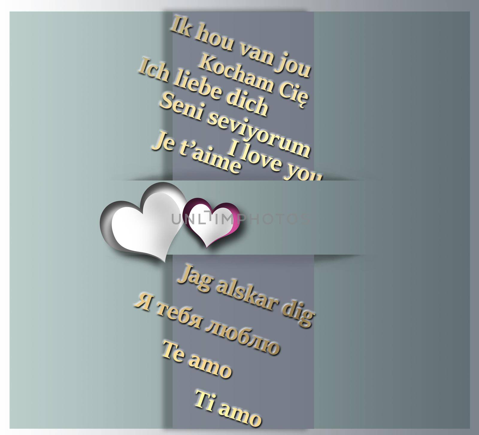 I love you text in different European languages. Paper heart and I love you gold text on green pastel background. 3D illustration