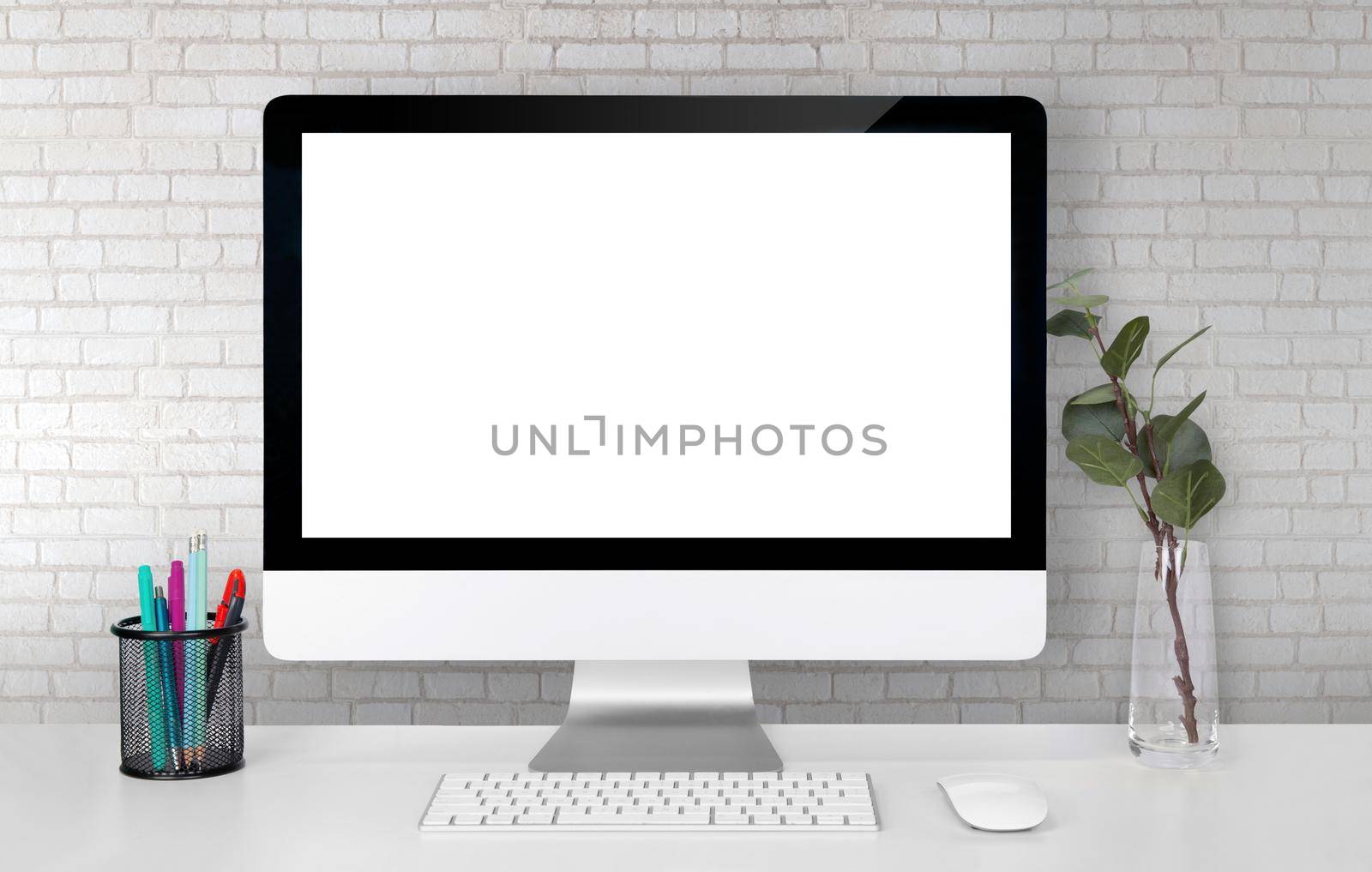Mockup display screen blank computer on desk with white wall, office and workspace, monitor with empty, office and workplace in room, copy space, modern and minimalist, indoor, creativity and decor. by nnudoo