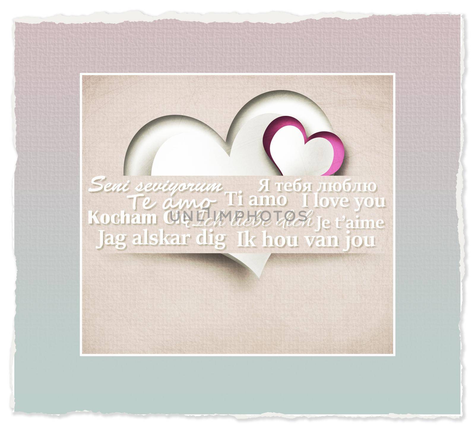 I love you on multiple languages, hearts in paper strip on pastel pink background. Valentines, birthday design. 3D render