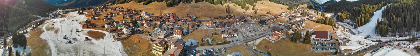 Sappada ski trail aerial view in winter season, Italian Alps.