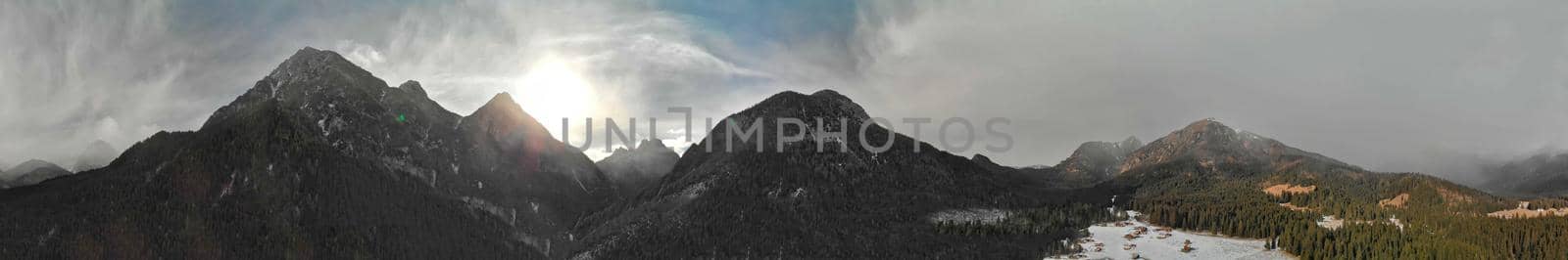 Val Visdende is a Dolomite Valley. Aerial view in winter season, Italy by jovannig