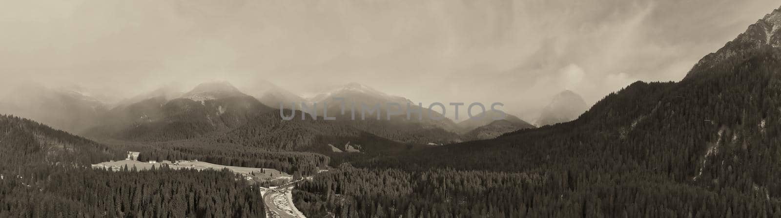 Val Visdende is a Dolomite Valley. Aerial view in winter season, Italy.