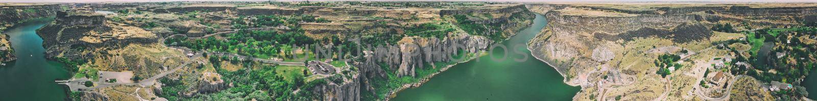 Aerial view of Shoshone Falls in summer season from drone viewpoint, Idaho, USA.
