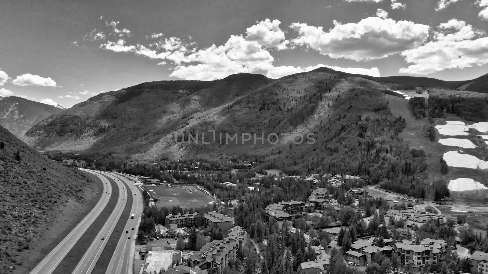 Vail city center and surrounding mountains, Colorado. Aerial view from ...