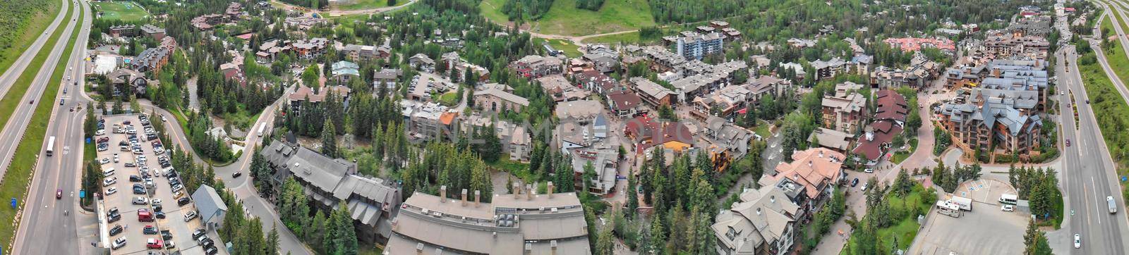 Vail city center and surrounding mountains, Colorado. Aerial view from ...