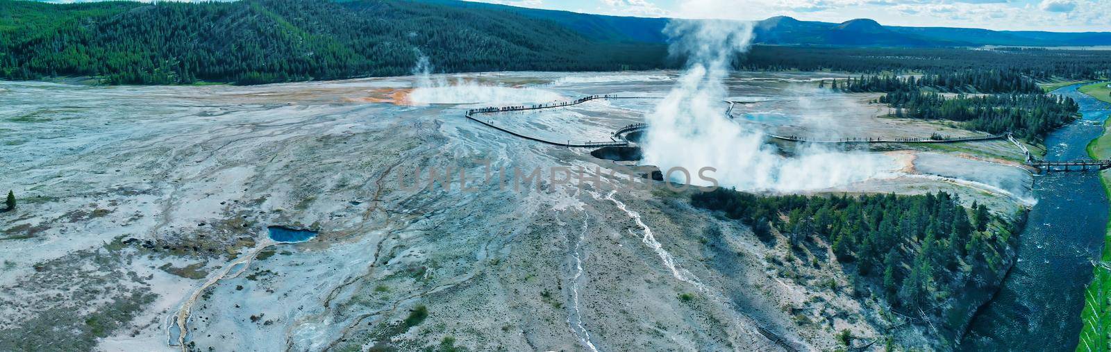 Aerial view of Yellowstone Black Sand Basin in summer season, Wyoming, USA.