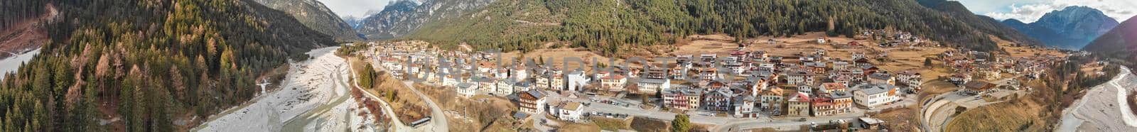 Auronzo Valley and Ski Slopes in winter season, Italian Alps.