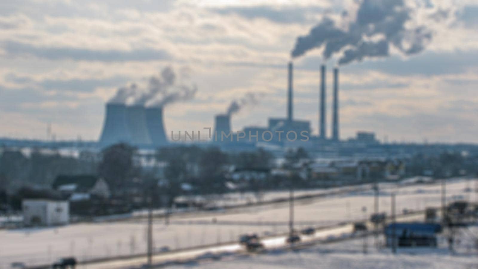 Blur with bokeh elements in a creative illustration on the theme of industrialization and industry. Stock illustration for banners and backgrounds.